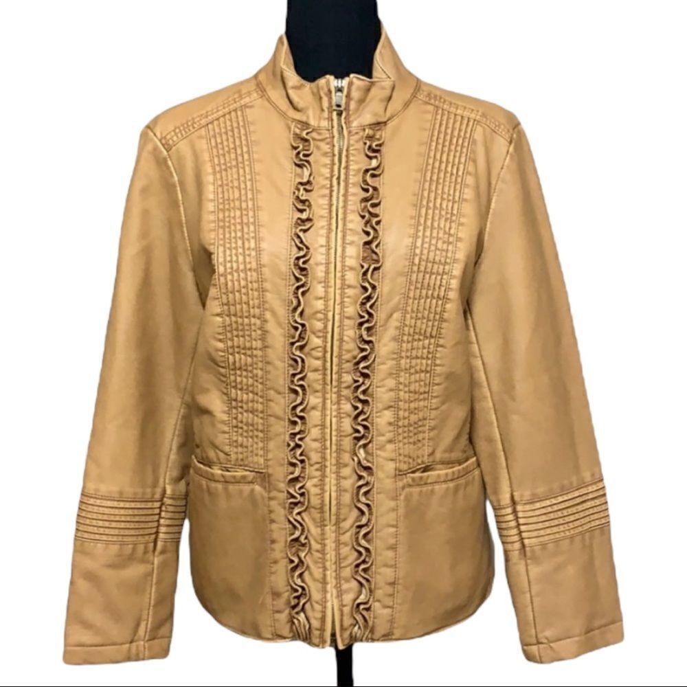 Big Chill Vintage Women's Tan Ruffle Front Faux Leather Jacket